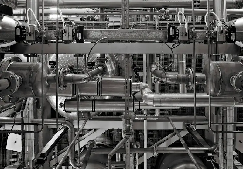 Nave industrial con tuberías de bombeo