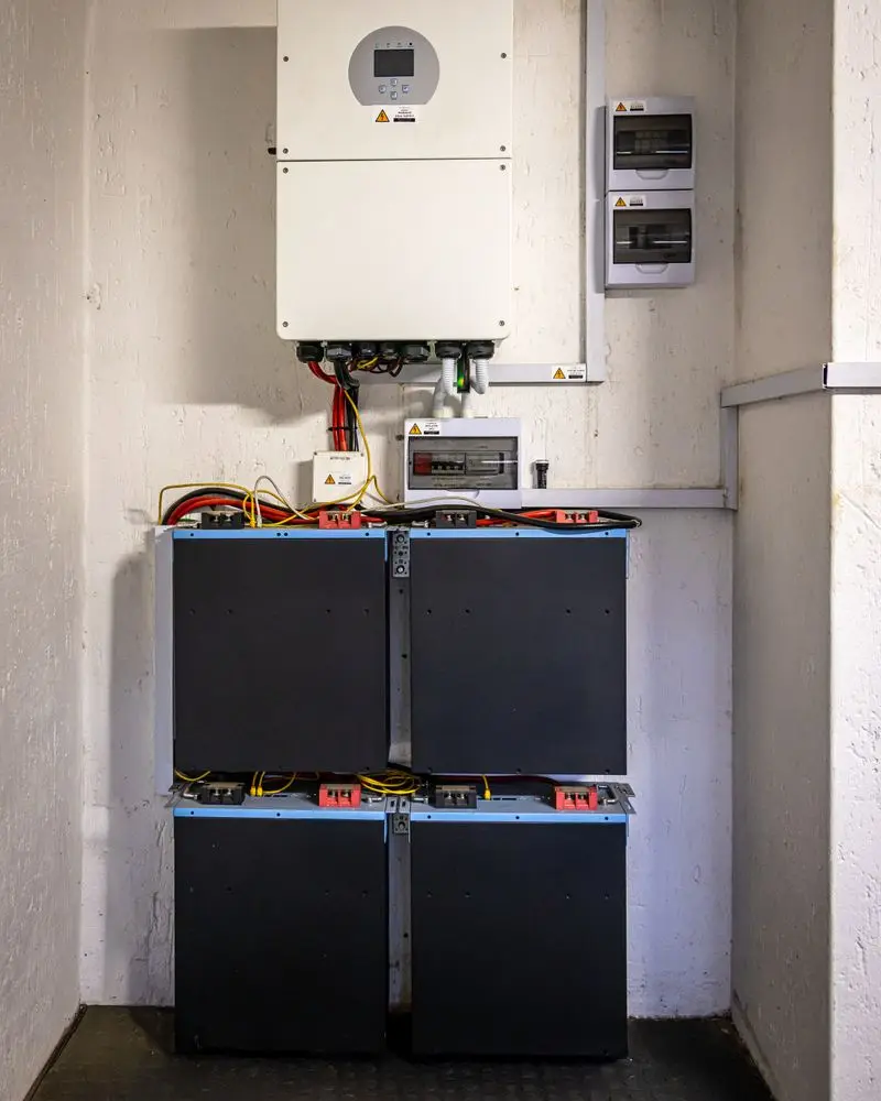 Inversor de una instalación de autoconsumo solar montado en la pared de una vivienda